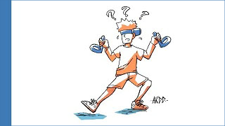 Drawing of a bewildered young man wearing a virtual reality headset.