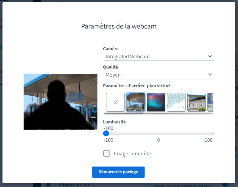 Réglages de la webcam, luminosité et fond