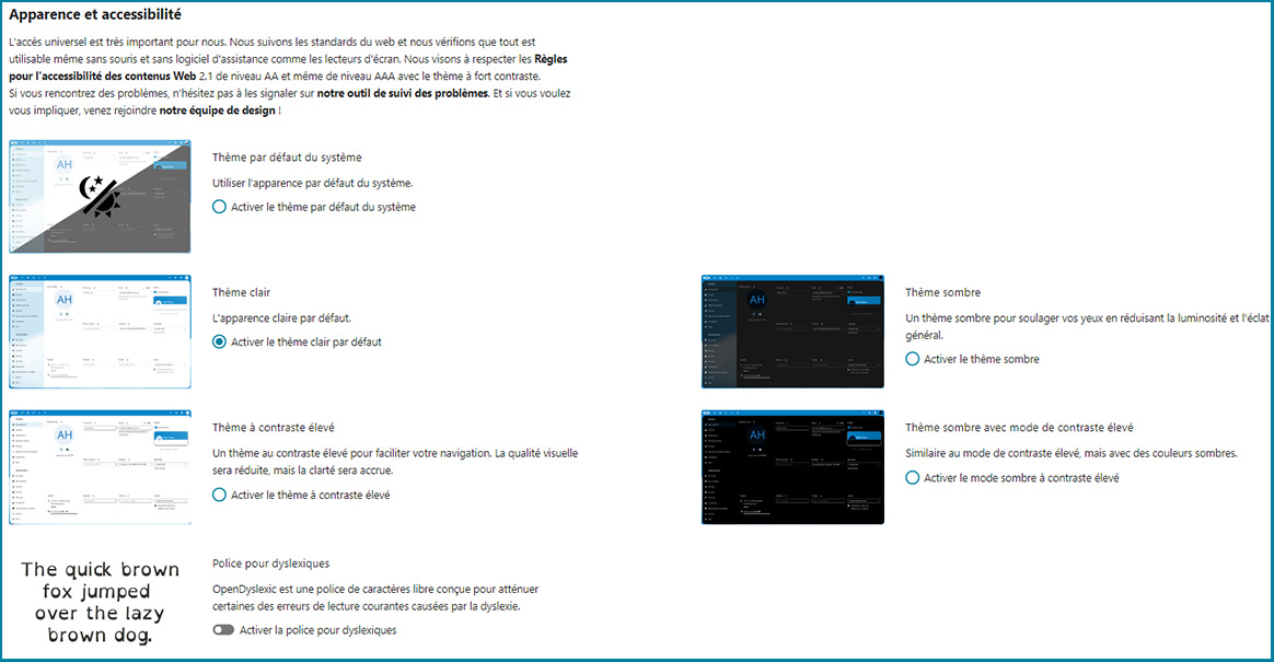 Menú de ajustes visuales de Nextcloud