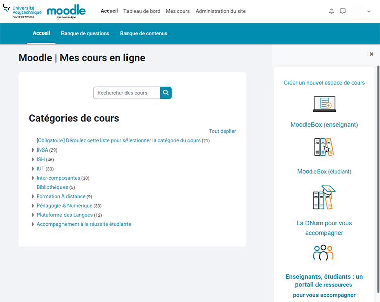 Vue de la page principal de Moodle