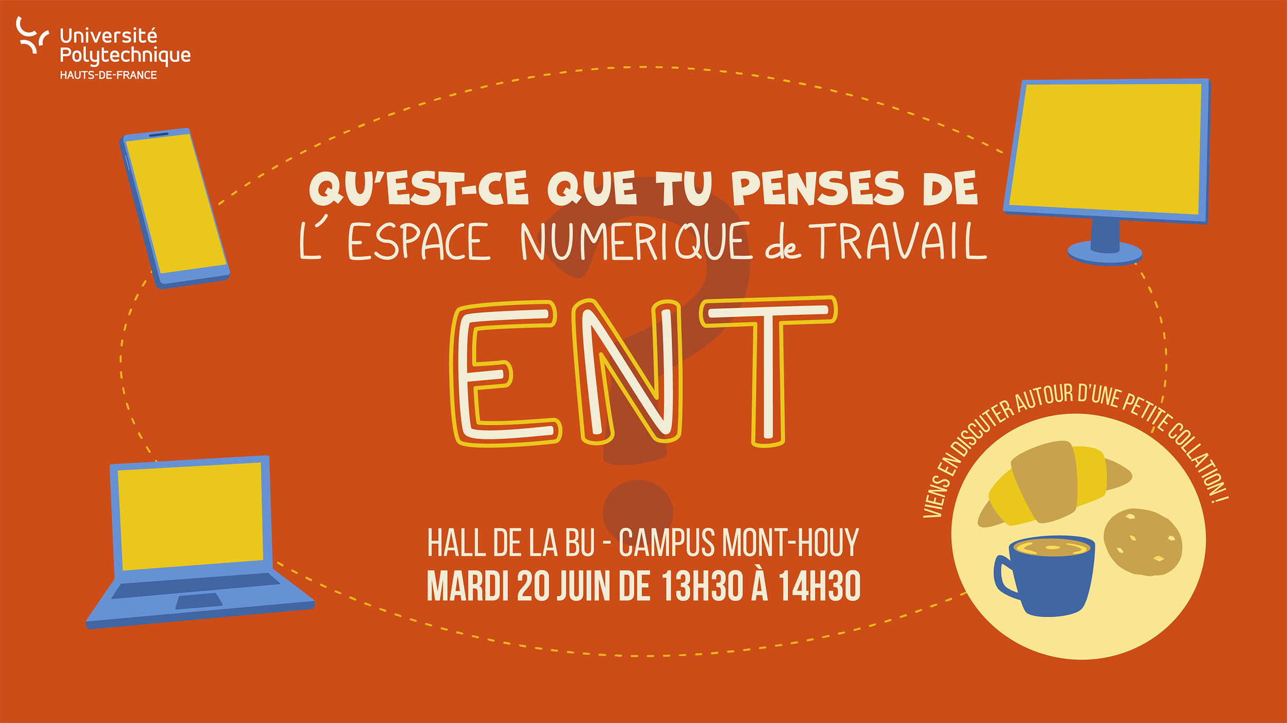 Dessin d'un écran, un ordinateur portable, un smartphone et d'une collation - Qu'est-ce que tu penses de l'espace numérique de travail (ENT) ?