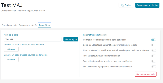 Capture d'écran du menu de paramètres