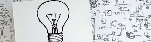 Drawing of a light bulb on a multitude of small drawings