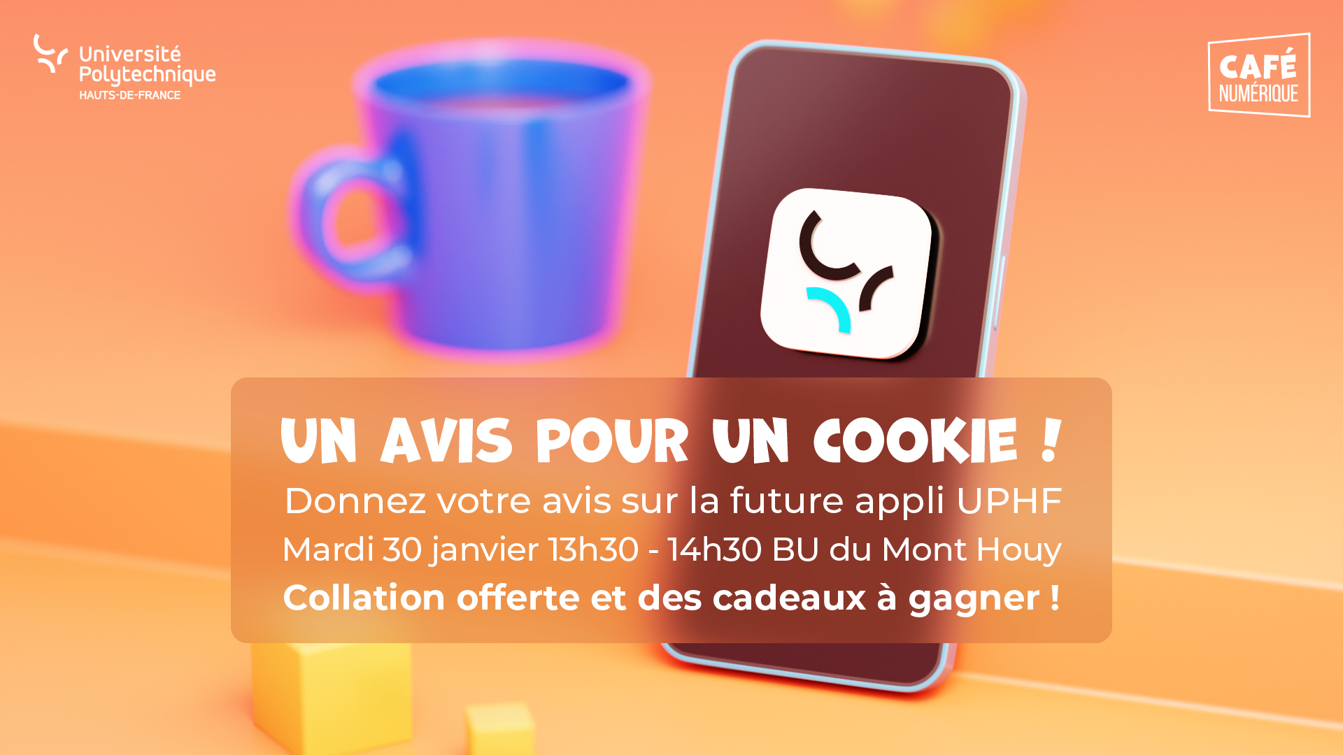 Image en 3D de tasse bleue et de smartphone avec le logo UPHF 