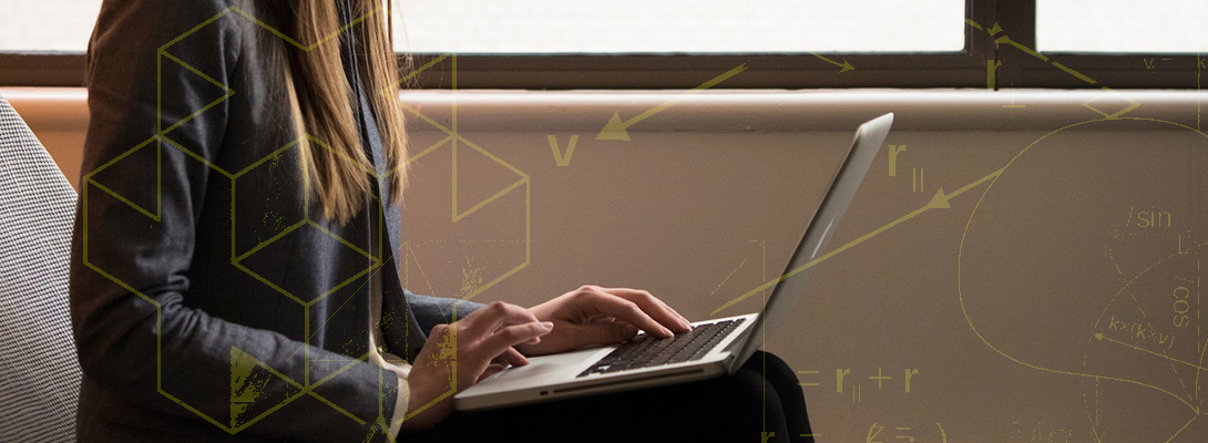 Superimposed mathematical diagrams of a person on a laptop computer